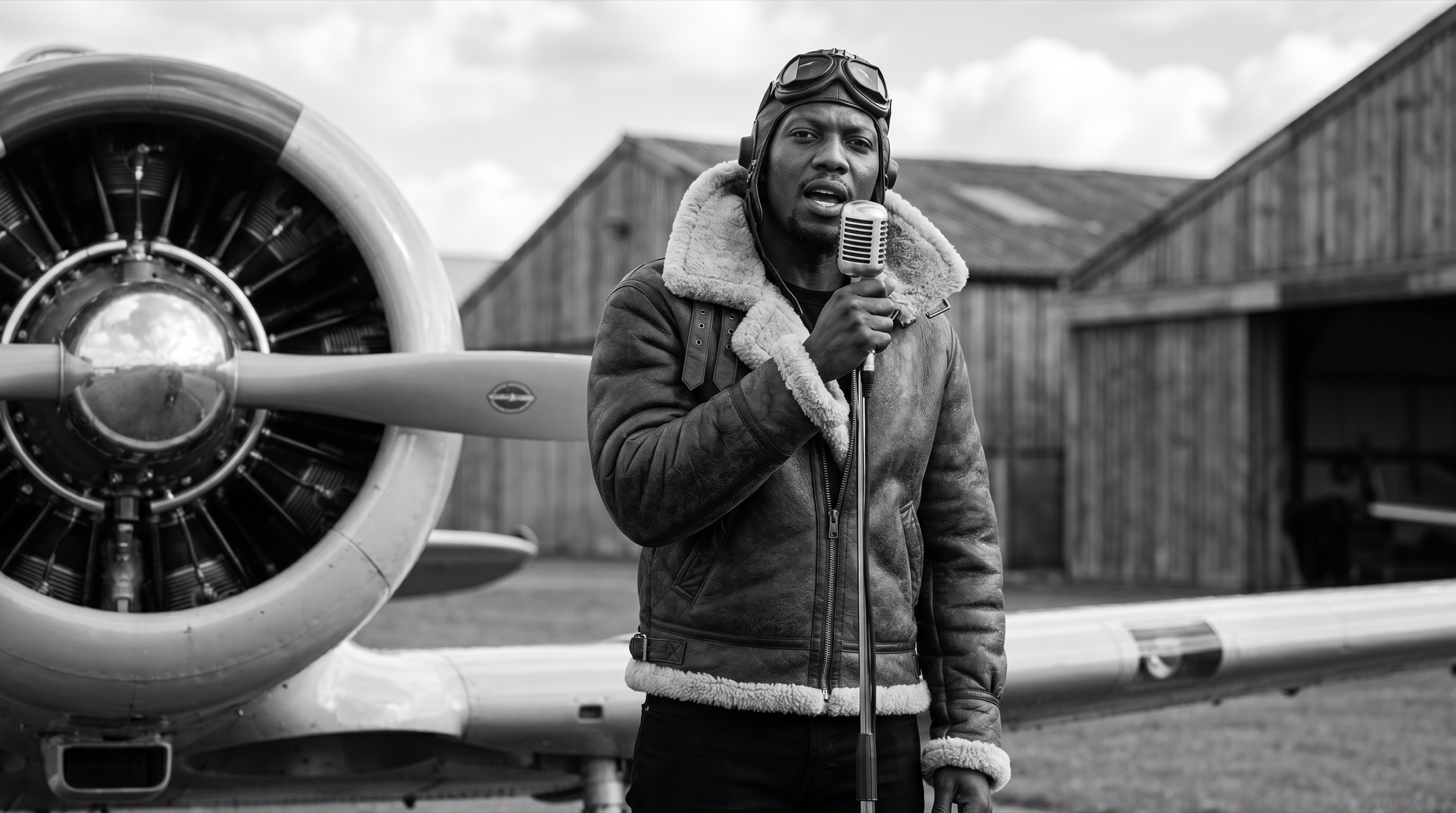 Noah Priest, aviator jacket, beside a vintage plane
