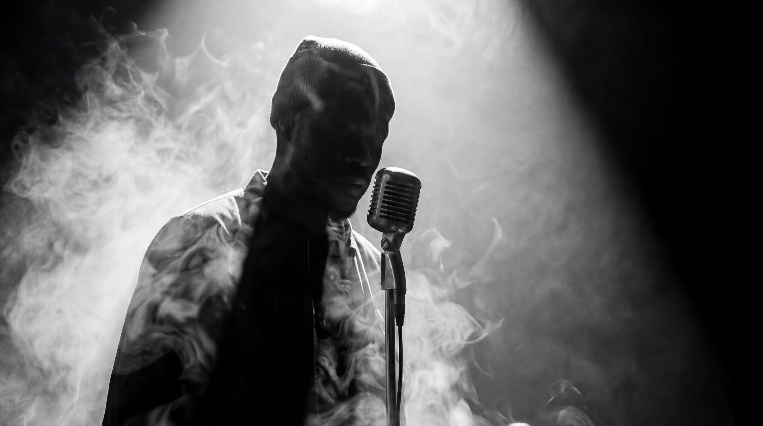 A hooded silhouette, backlit in smoke