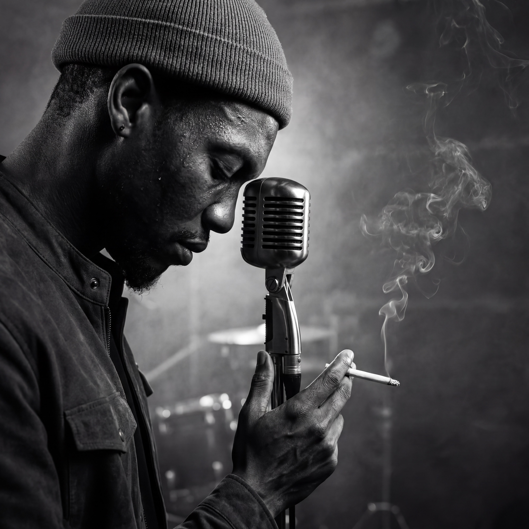 Noah Priest, close, cigarette in hand at the mic