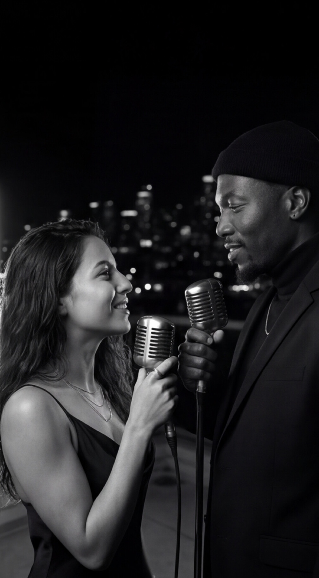 Noah Priest and a duet partner, rooftop, night