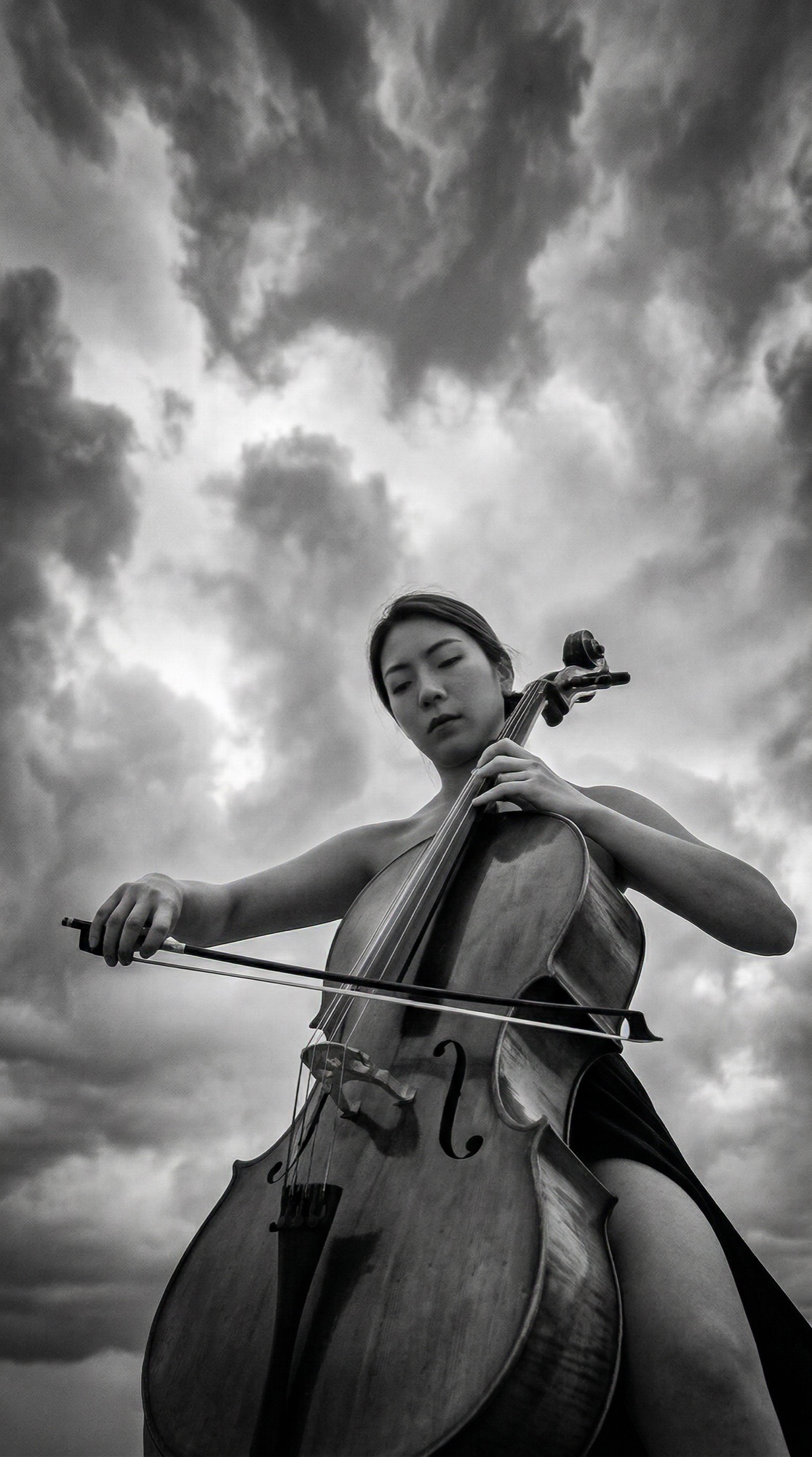 A cellist, alone on a storm-lit beach