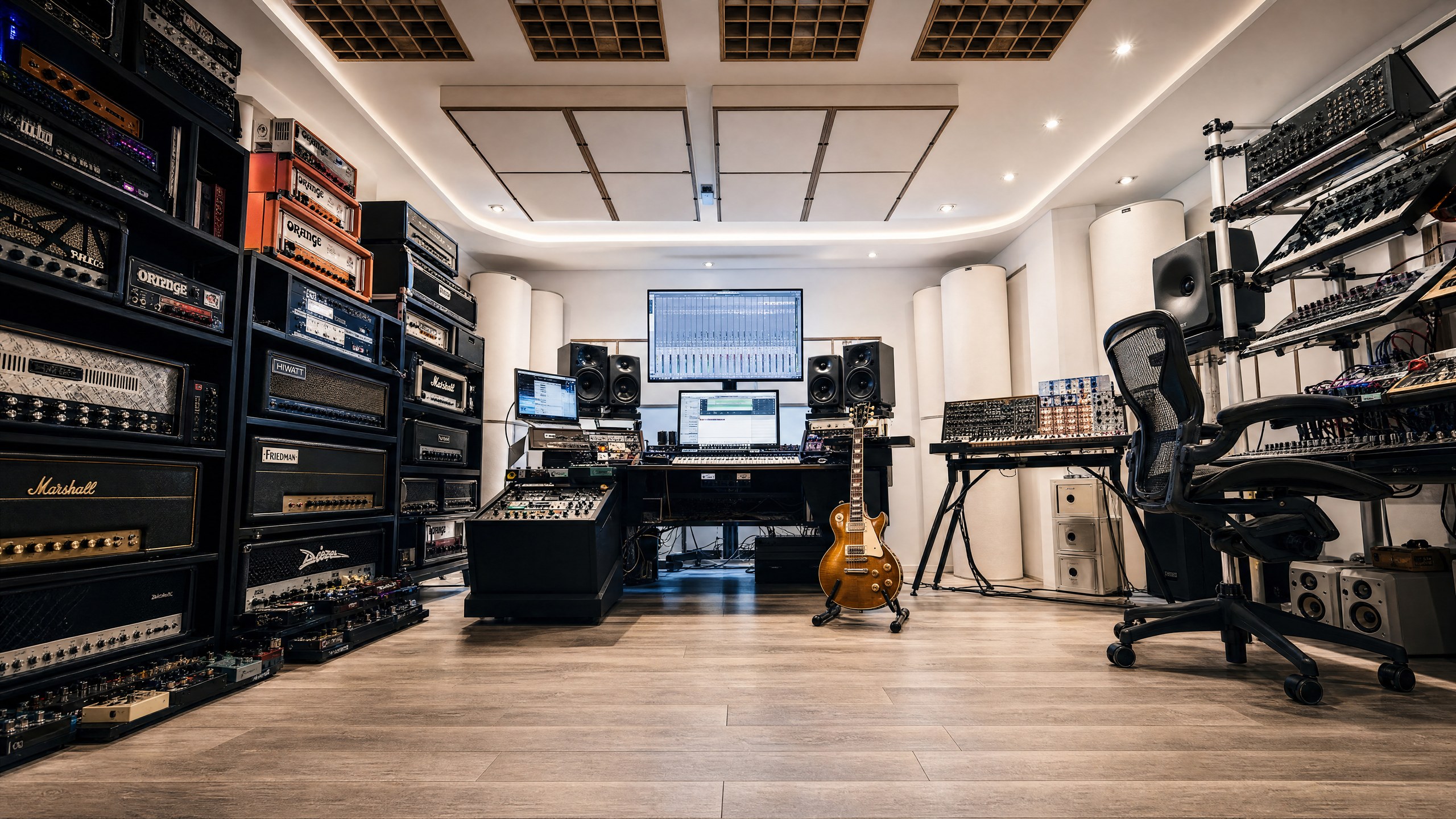 The HYPERLAB studio: a wall of guitar amplifiers, the mixing desk with monitors, synthesizer racks and a Les Paul on a stand